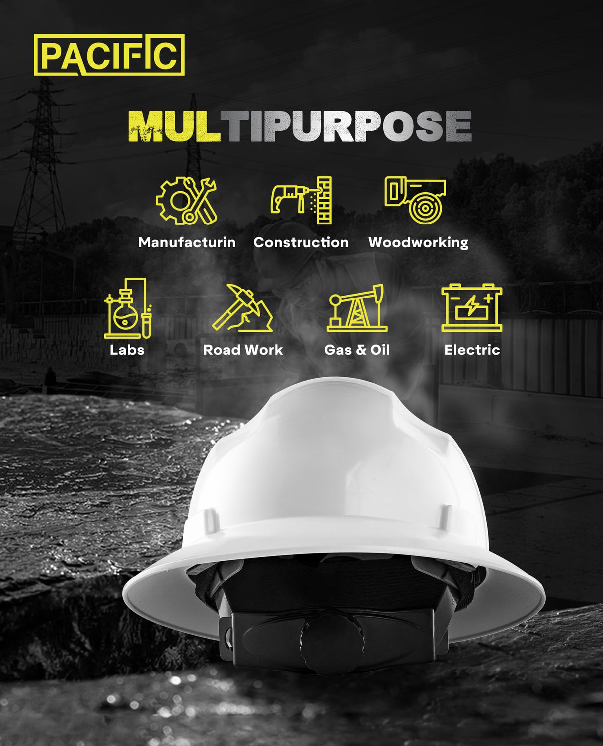 PACIFIC PPE Full Brim Hard Hat, OSHA Construction Work Approved, HDPE Safety Helmet with 4 Point Adjustable Ratchet Suspension, Class E, G & C, White PACIFIC PPE