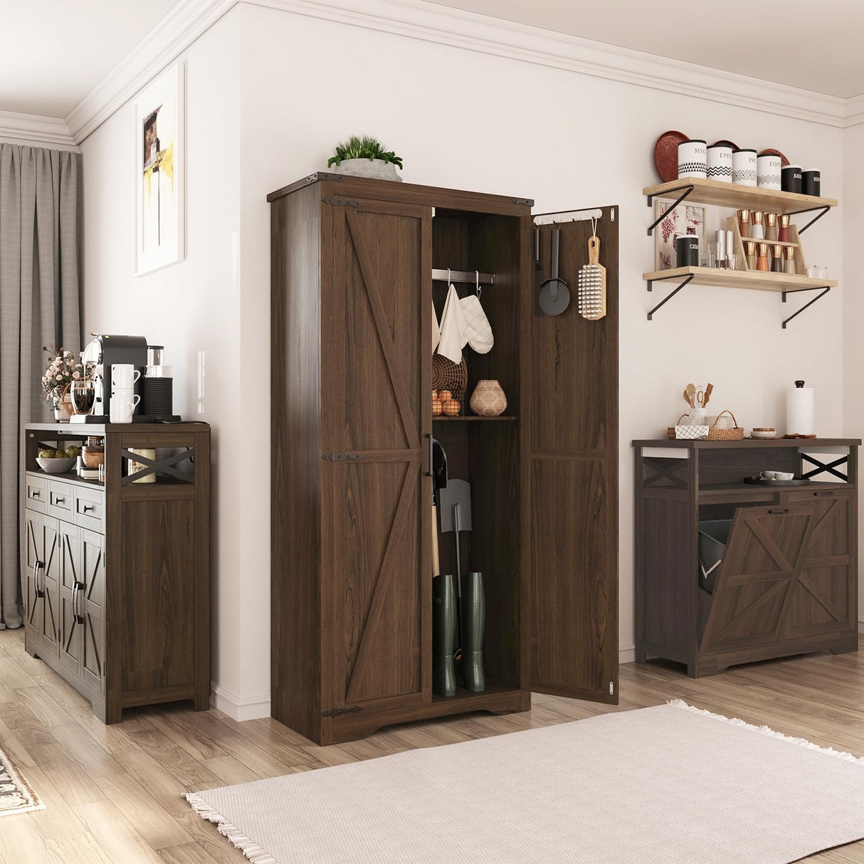 Befrases 72" H Farmhouse Storage Cabinet with Adjustable Shelves, Large Pantry Organize with 2 Barn Doors, Tall Freestanding Cabinet for Kitchen, Bathroom/Garage/Basement/Living/Utility Room, Brown Befrases