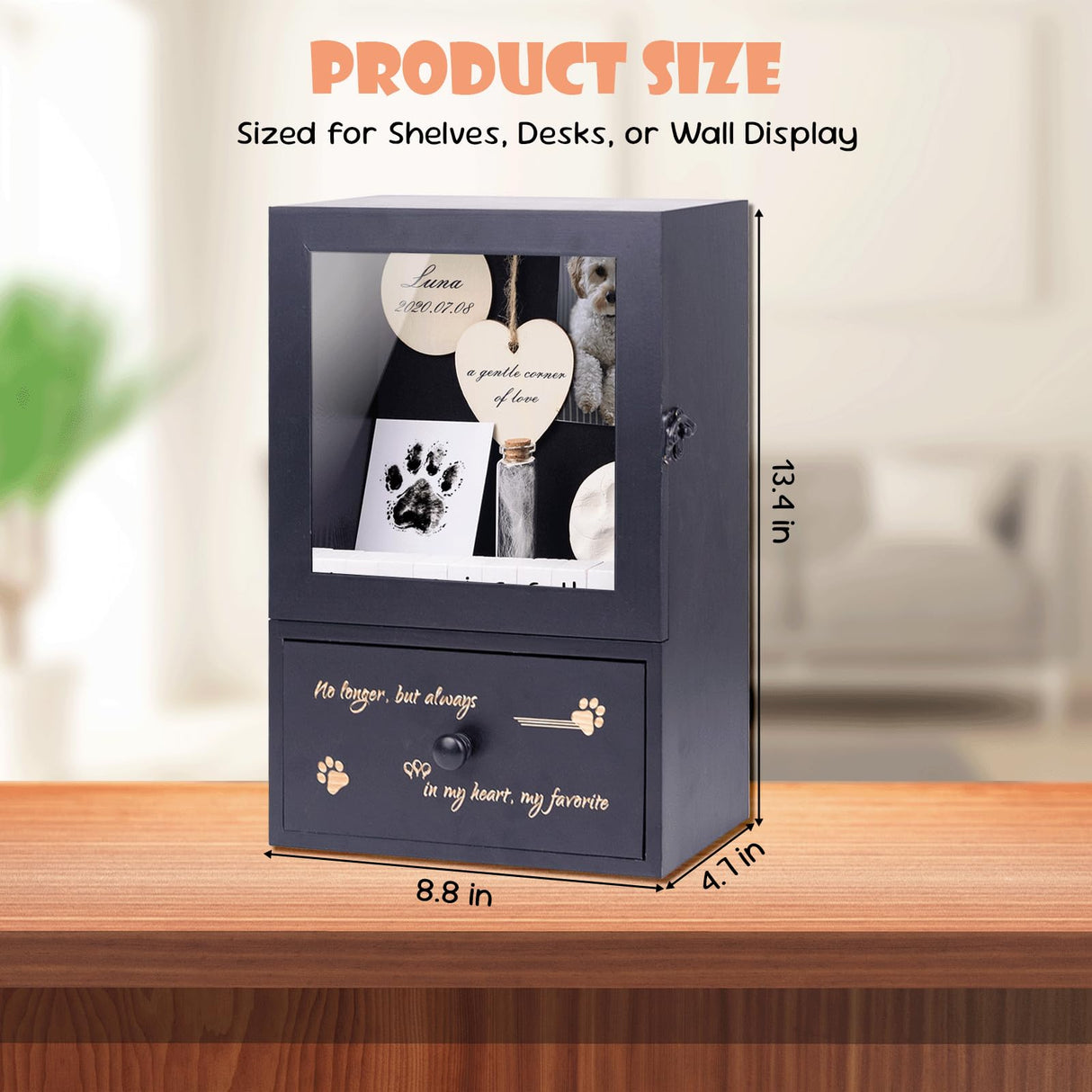 Pet Memorial Shadow Box 9"x13.4" with Deep Drawer, Keepsake Kit and Paw Print Set – Sympathy Display Frame for Dog & Cat in Loving Memory DigNew