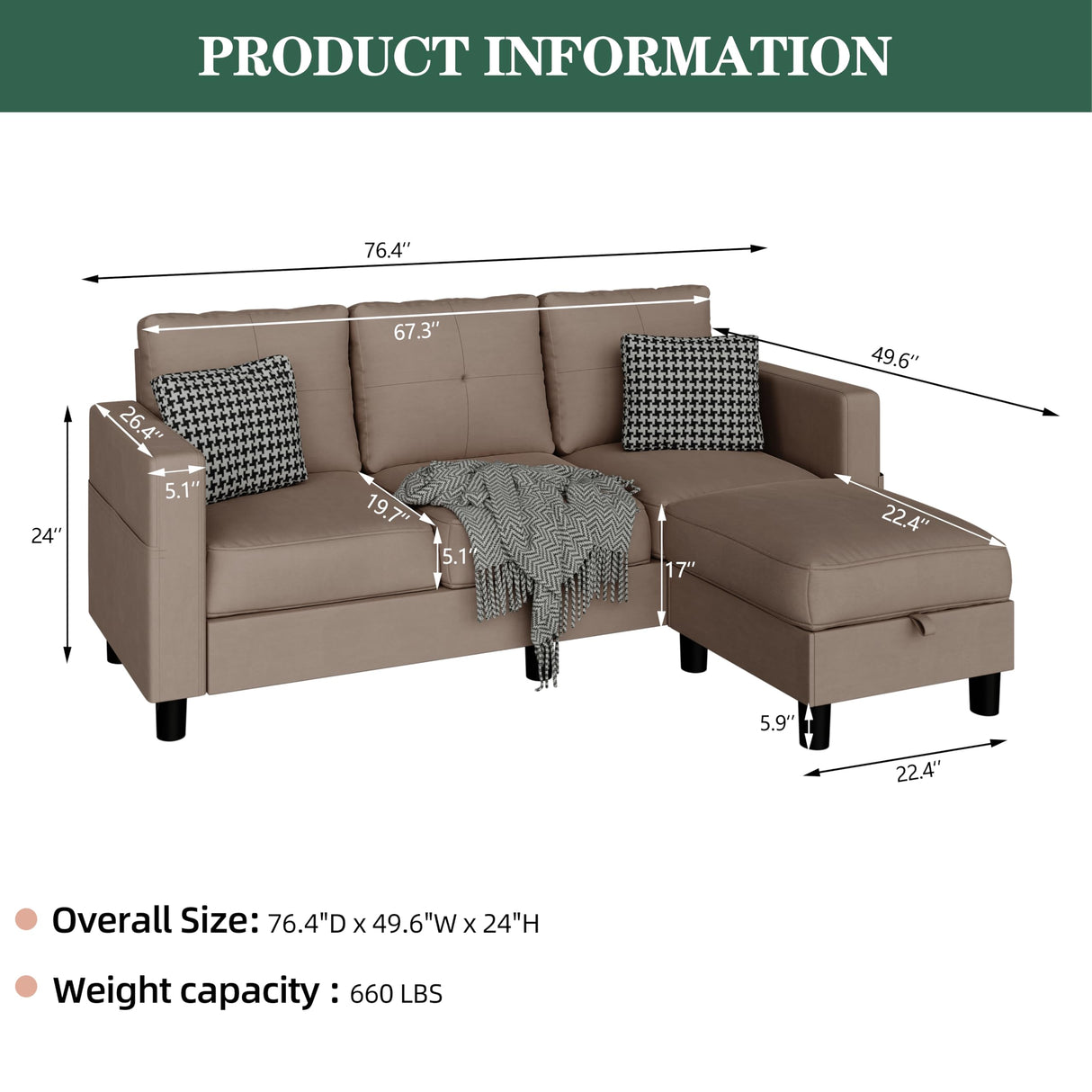 JAMFLY Sectional Sofas Couches for Living Room, L Shaped Couch with Storage Sofa Set, Small Couches for Small Spaces with Movable Ottoman, Brown JAMFLY