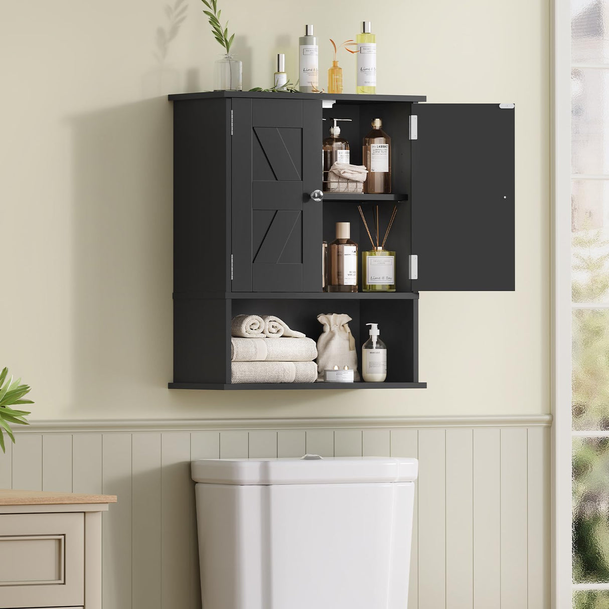 TEENFON Bathroom Wall Cabinet, Over The Toilet Space Saver Storage Cabinet with Barn Doors & Adjustable Shelf, Hanging Medicine Cabinet, Black TEENFON