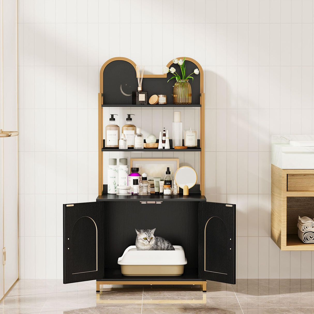 Snughome Cat Litter Box Enclosure with Storage Shelves, Indoor Hidden Cat Litter Box Enclosure Furniture, Wooden Cat Washroom Furniture Cabinet with Metal Frame, Modern Style, Black and Gold Snughome