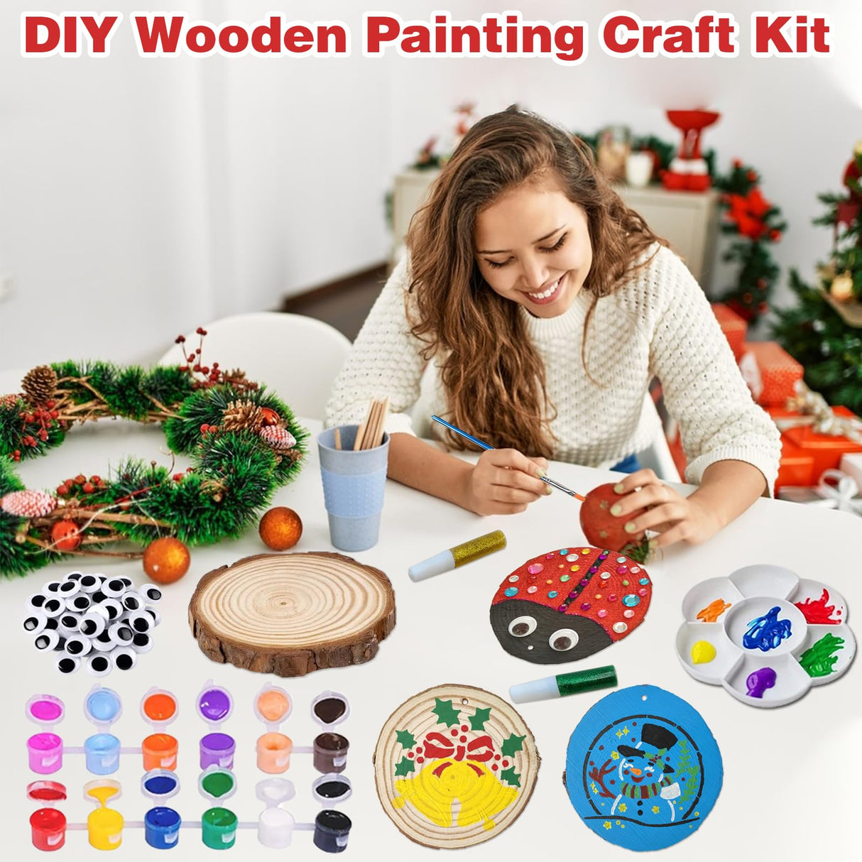 Wood Ornaments for Crafts, 20 Pcs Unfinished Wood Slice Predrilled with Hole Wooden Circles Christmas Craft Kits, Glow in The Dark DIY Ornament Decorating Art Kit with Xmas Painting Stencils Golabarell