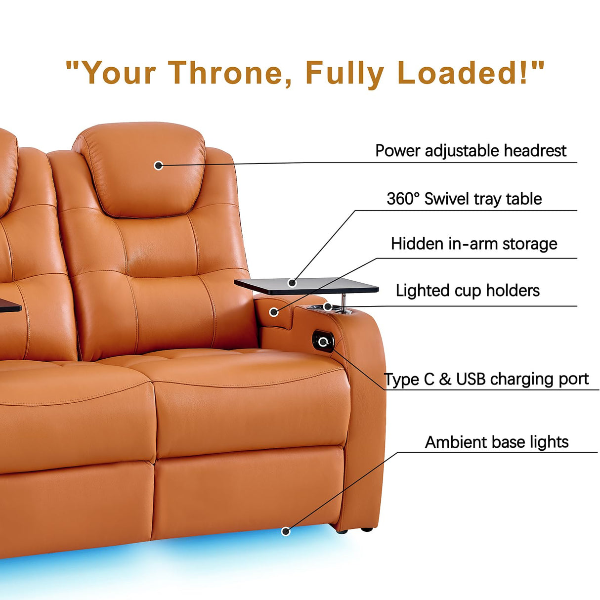 comfiroom Leather Home Theater Seating Seats, Simple Style Top Grain Leather Movie Theater Chairs Recliner Sofa with Tray Table Type-C USB Charger (Orange, Row of 2 Loveseat) comfiroom
