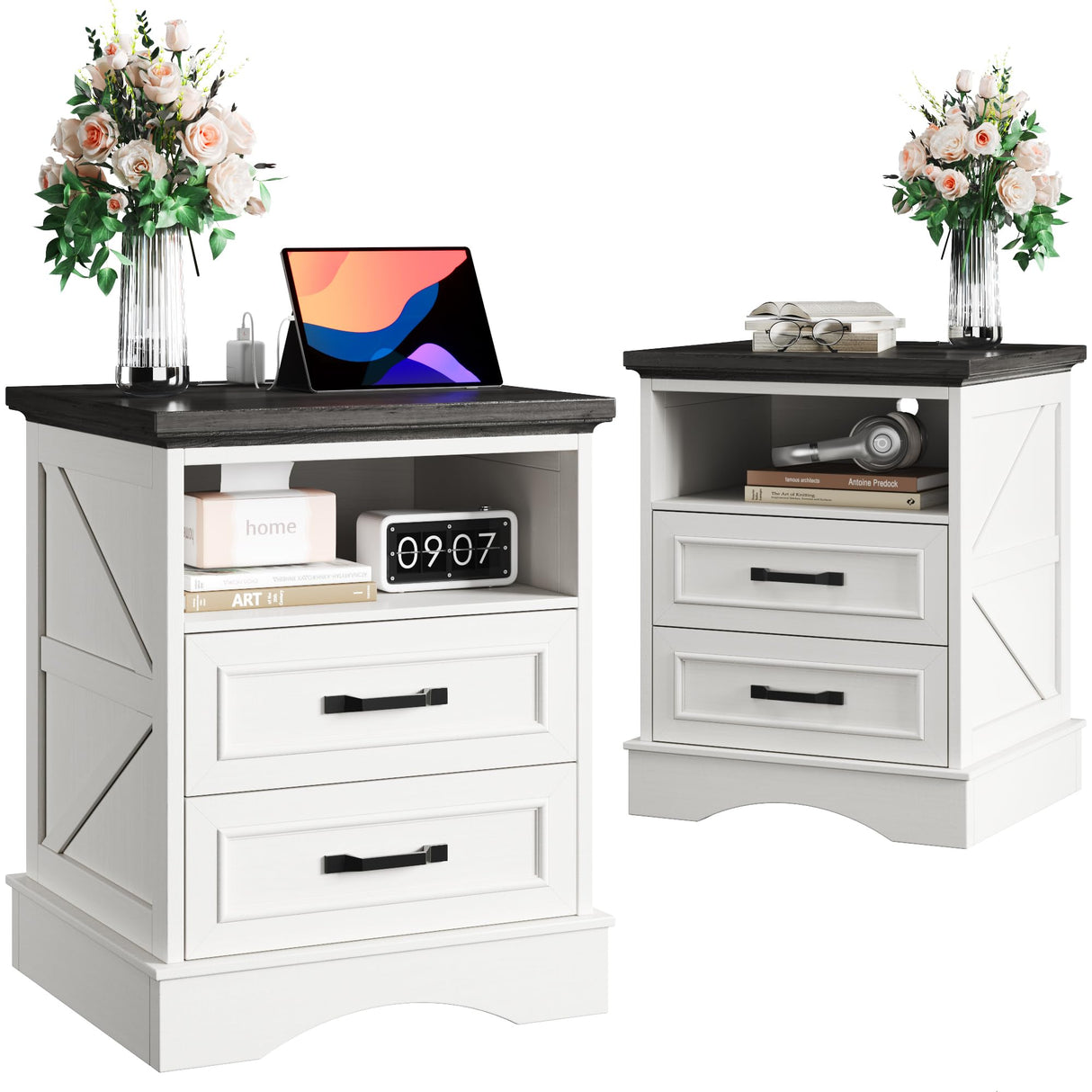 Fluest 24" Tall Farmhouse Nightstands Set of 2, Night Stands with Charging Station, Beside Tables with Drawers and Open Storage, Rustic End Tables for Bedroom, Antique White Fluest