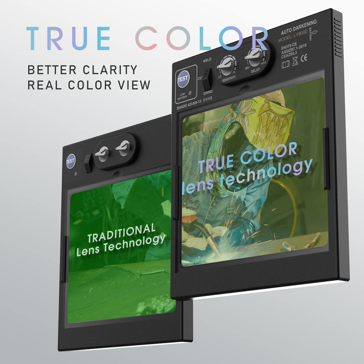 YESWELDER Large Viewing True Color Solar Powered Auto Darkening Welding Helmet with SIDE VIEW, 4 Arc Sensor Wide Shade 4/5-9/9-13 Welder Mask for TIG MIG ARC Grinding Plasma LYG-Q800D-CP YESWELDER