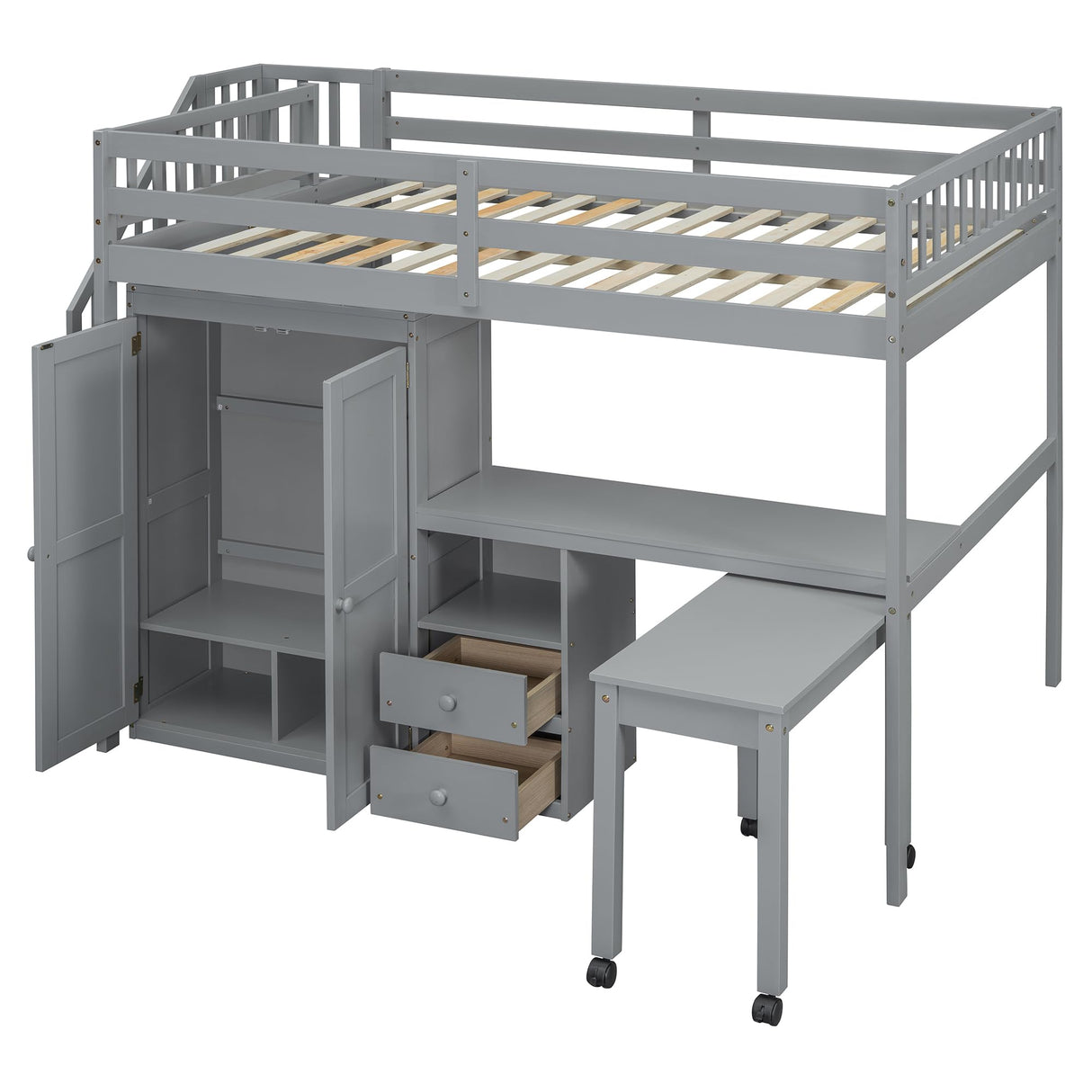 Full Size Wood Loft Bed with Desk,Wardrobe and Stairs, Bookshelf and Drawers,for Kids Teens Adults Bedroom Use (Gray#X, Full) Brabrety