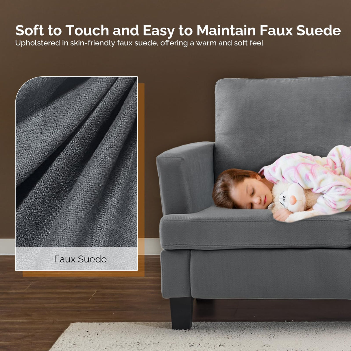 VINGLI Grey 83" Sofa Couches for Living Room, Faux Suede Modern Comfy 3 Seater Couch 25.6" Deep Seat Upholstery Cozy Sofas for Small Space, Bedroom, Apartment, Home Office VINGLI