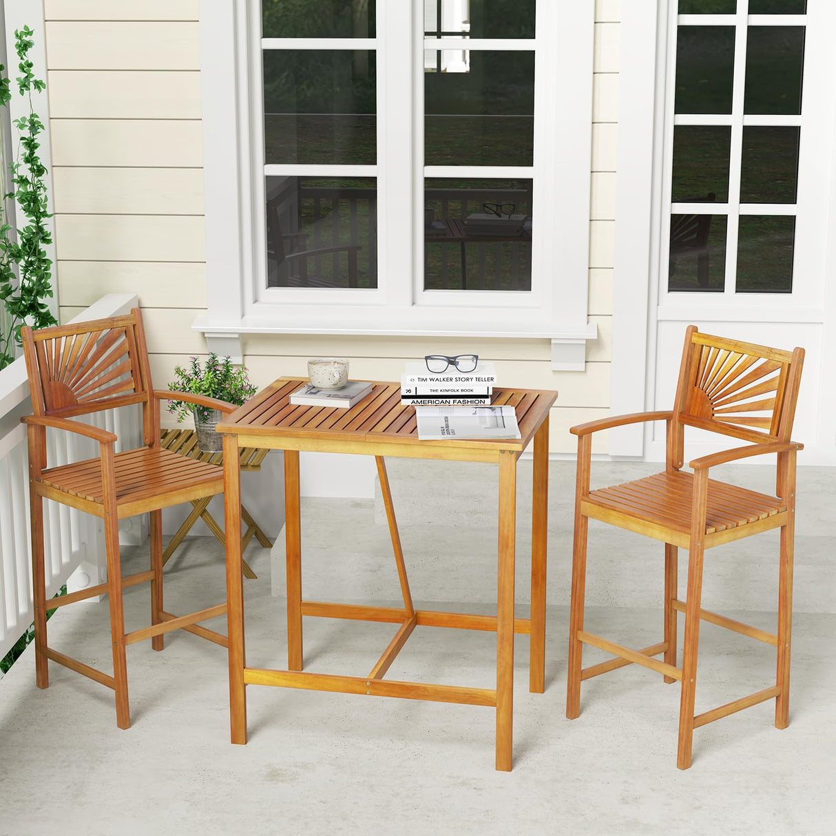Tangkula 3 Piece Patio Bar Table & Chairs, Outdoor Acacia Wood Bar Set w/Slatted Seat & Tabletop, Wood Dining Bar Set w/Backrest, Armrests & Footrest for Backyard, Poolside, Balcony Tangkula