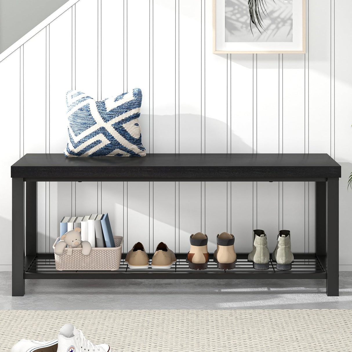 EXCEFUR Entryway Bench, Modern Wood and Metal Storage Bench for Hallway Front Door Entrance, Industrial Indoor Shoe Rack Bench Seat for Bedroom Living Room, 43.3 Inch Black EXCEFUR