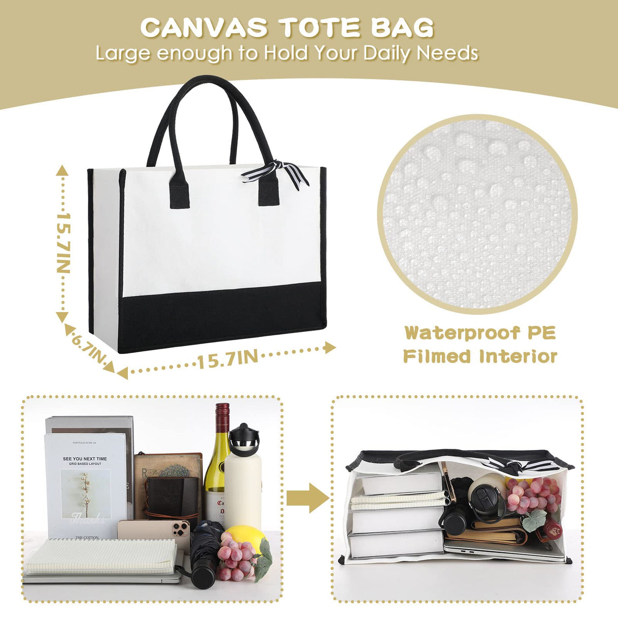 Reginary 12 Pack Canvas Tote Bags Initial Classic Present Bag Personalized Canvas Beach Bag for Wedding, Birthday, Beach(Black and White) Reginary