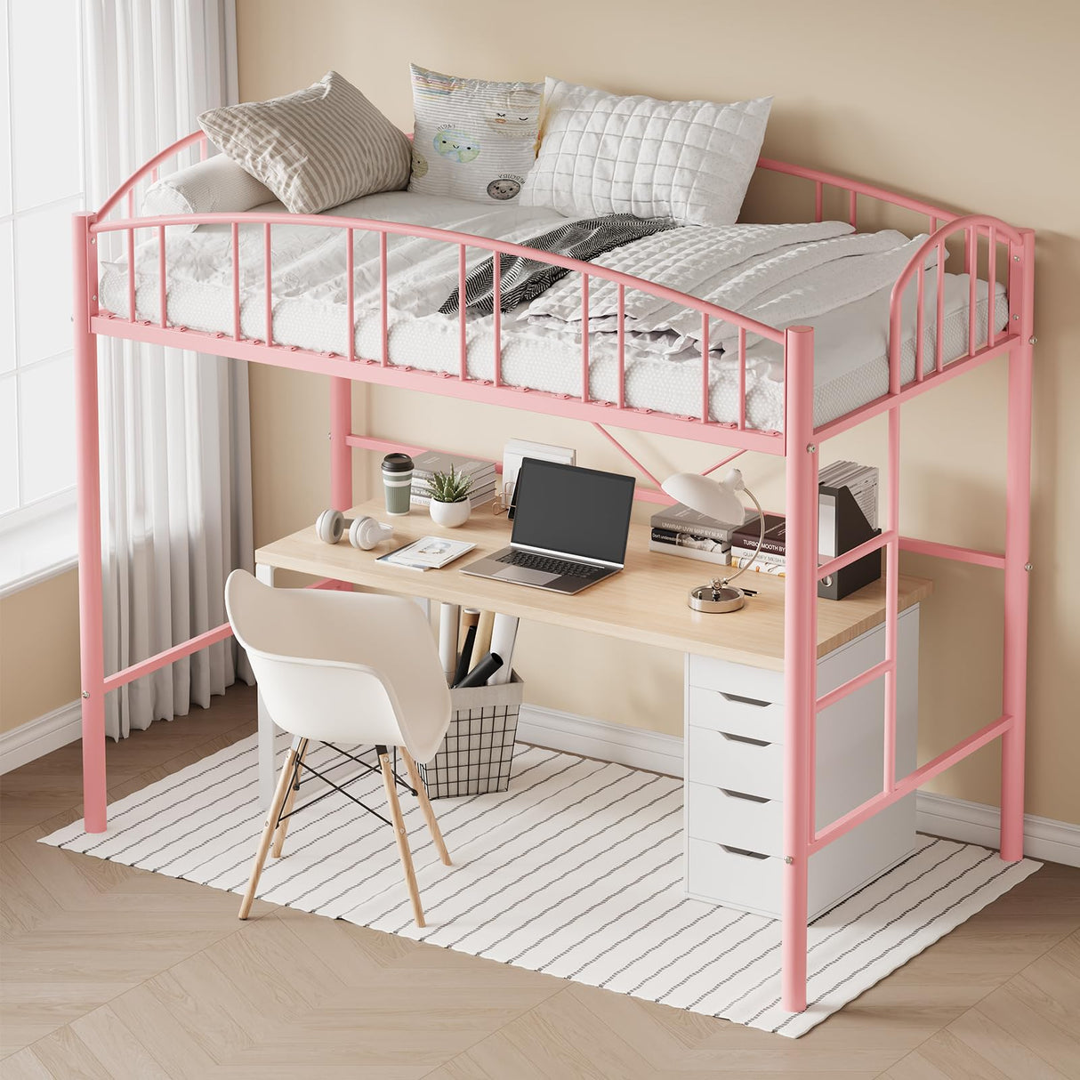 GarveeHome Loft Bed Twin Size, Heavy Duty Metal Loft Bed Frame with Arched Guardrail and Safety Ladder, Space-Saving, No Box Spring Needed, Modern Pink GarveeHome