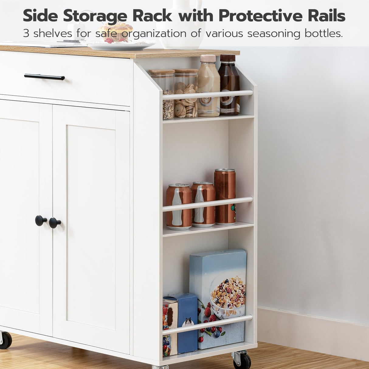 HOOBRO Kitchen Island with Power Outlet, Kitchen Storage Island with Spice Rack and Drawer, Rolling Kitchen on Wheels, for Home, Dining Room, Natural and White HOOBRO