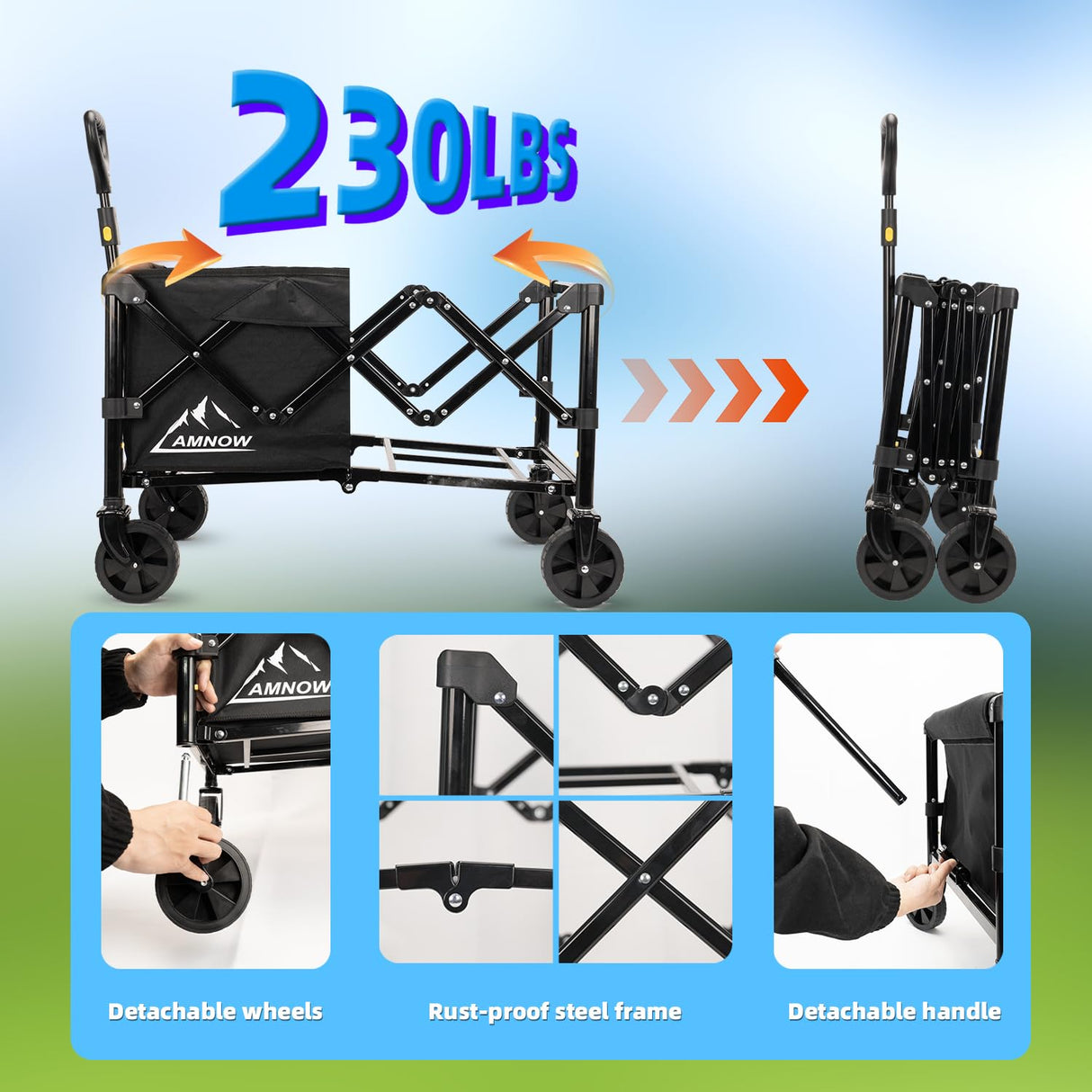 Collapsible Folding Beach Wagon Cart, Utility Large Capacity Cart Foldable Wagon with All Terrain Wheels, Grocery Wagon Cart for Garden Shopping Sports Camping, Black AMNOW