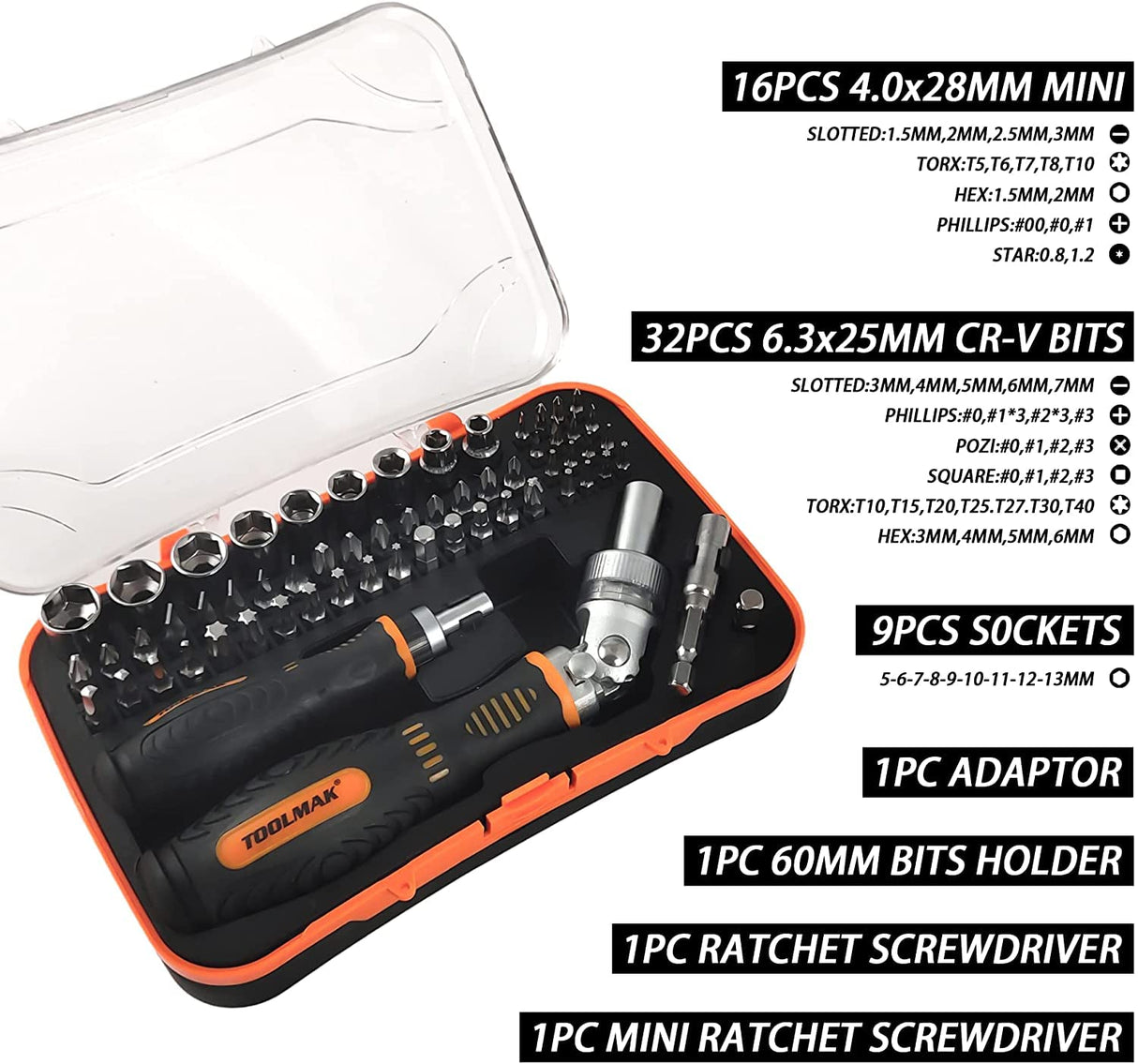 TOOLMAK 61pcs Ratcheting Screwdriver Set,Socket Set,Precision Screwdriver Bit Set with Rotatable Ratchet Handles & Storage Case,Household Repair Tool Kits for Bike Watches and glasses,phones etc... TOOLMAK