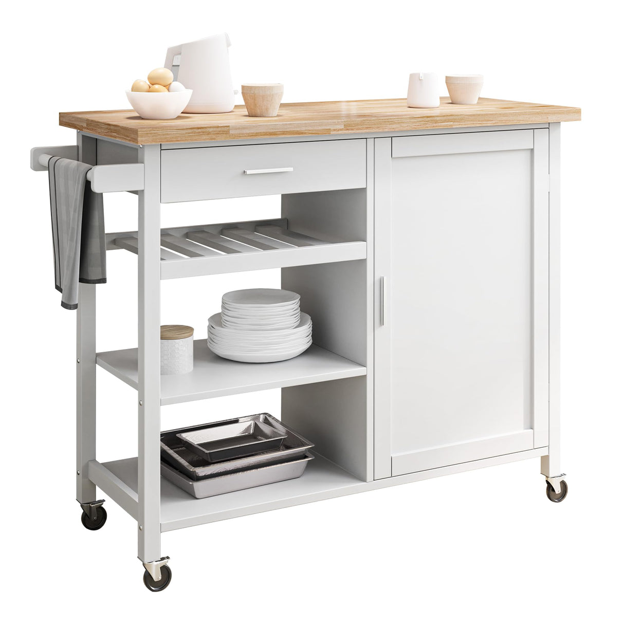 BELLEZE Modern Rolling Kitchen Island Utility Cart with a Drawer, Storage Cabinet, Handle Towel Rack, Rubber Wood Top, and Caster Wheels - Sonoma (White) BELLEZE