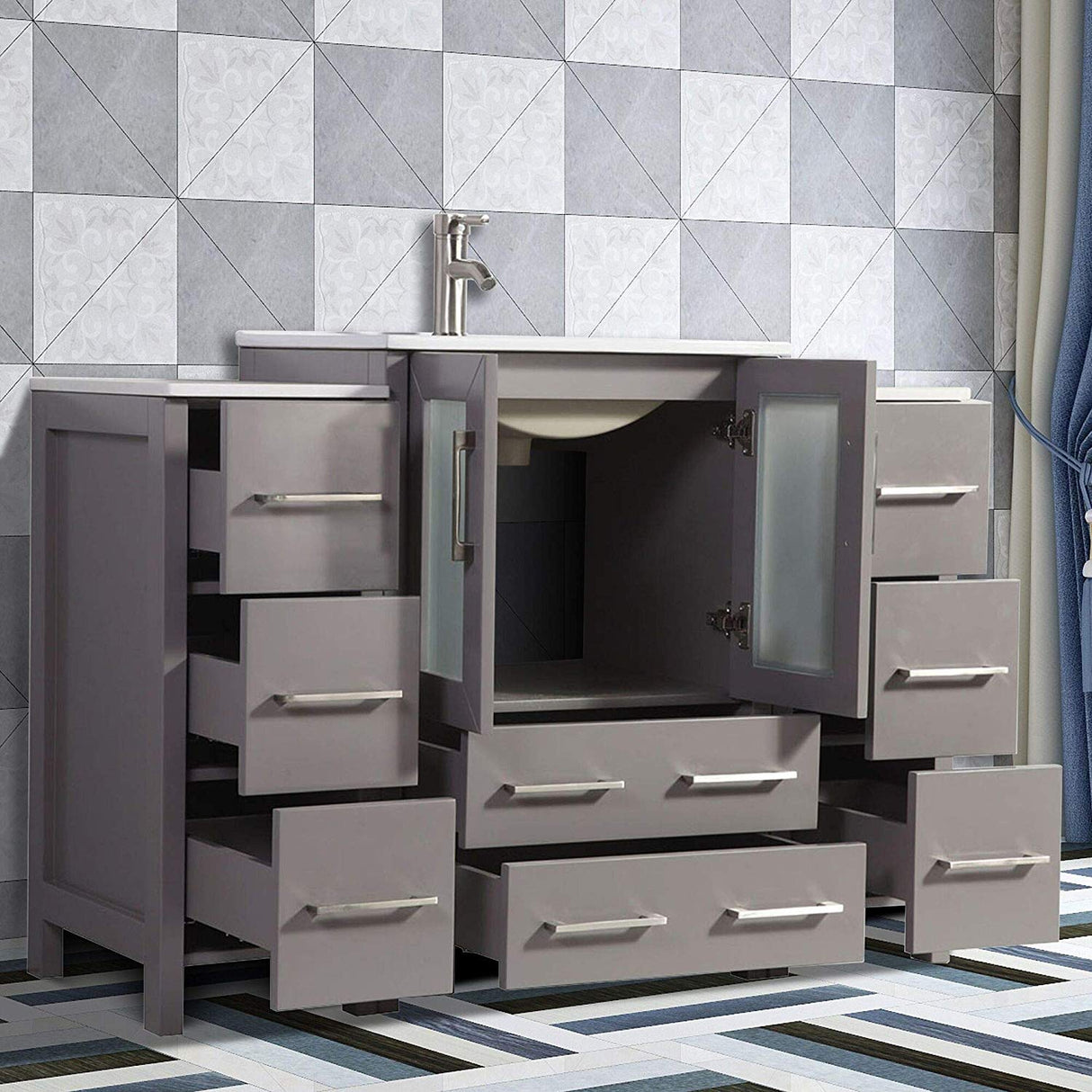 Vanity Art 84 Inch Under Mount Double Sink Bathroom Vanity Cabinet with 2 Mirrors, Ceramic Top Bathroom Cabinet Compact Set with 13 Dovetail Storage Drawers and Brushed Nickel Handles, VA3024-84-G Vanity Art