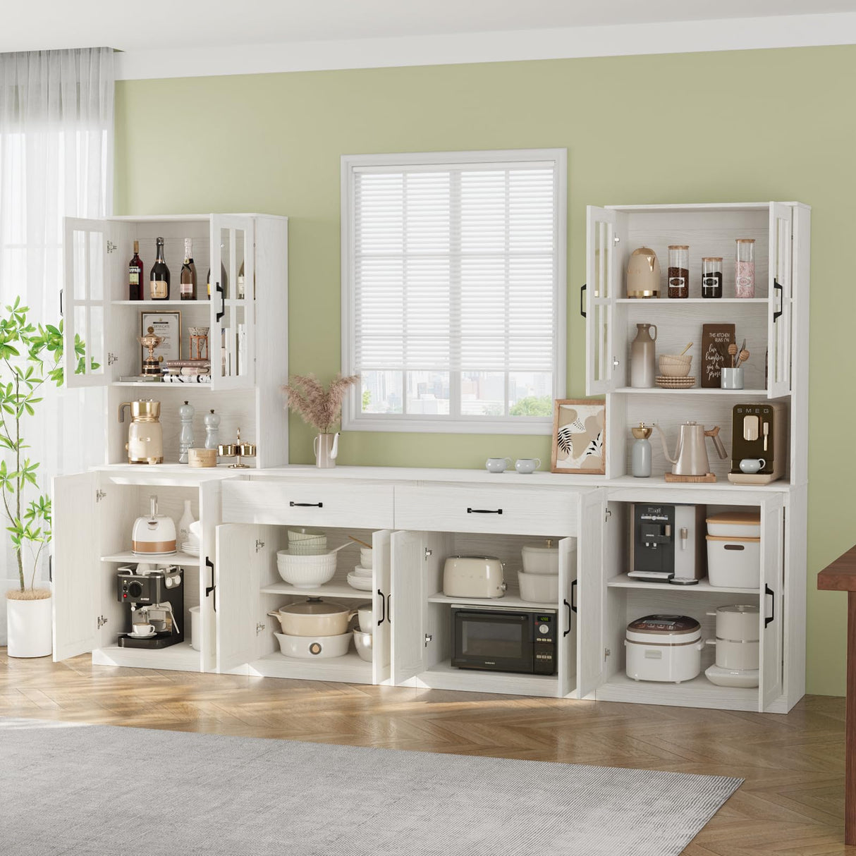 VOWNER 95" TV Stand for TVs up to 75", 4-Piece TV Hutch with Cabinets, Entertainment Center with Bookshelves, Modular TV Console for Living Room, 2A+2F (White) VOWNER