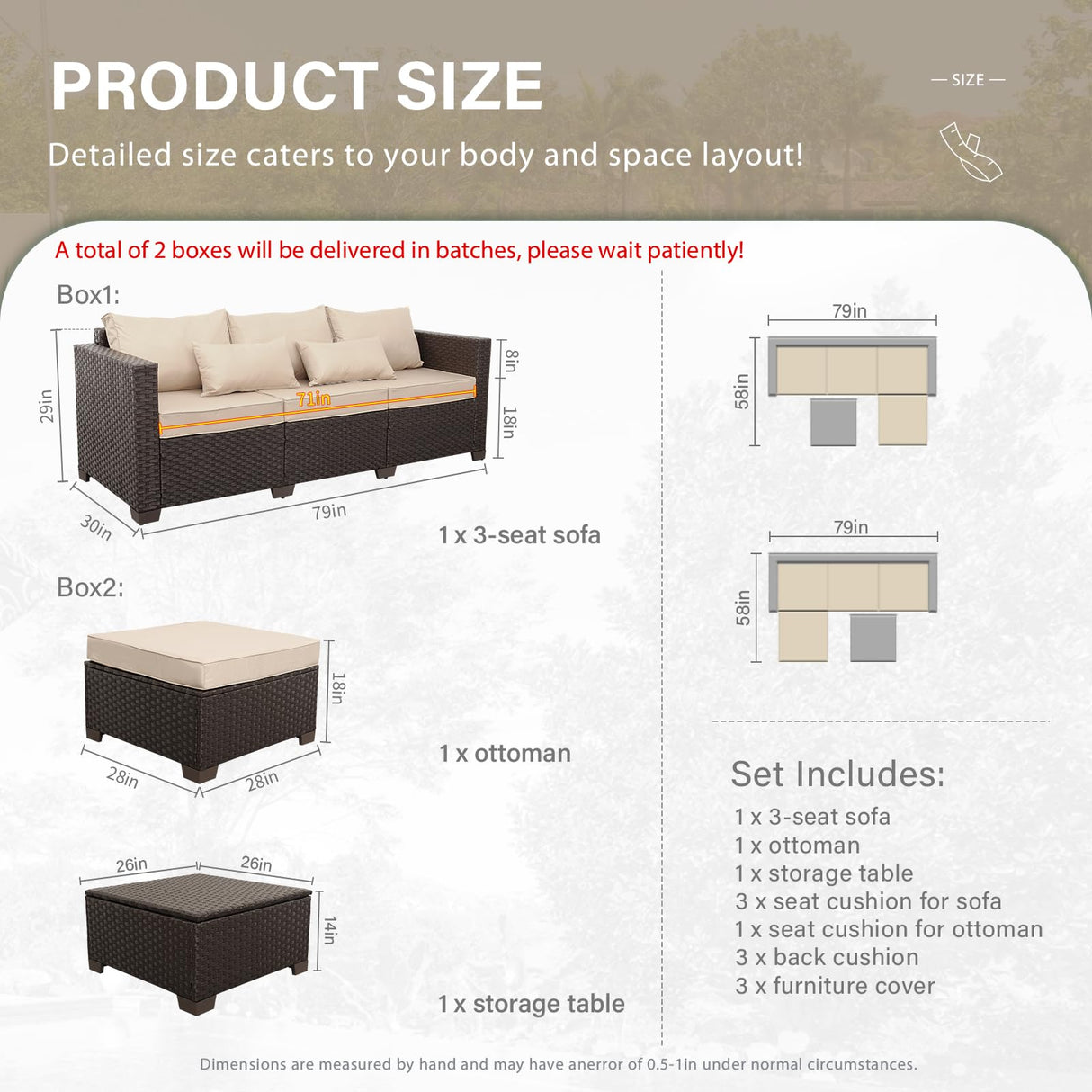 Patio Furniture Set - 3 Piece Outdoor Sectional Sofa Set with Wicker Couch, Ottoman, Coffee Table & Storage - All-Weather, Anti-Slip Cushions & Waterproof Covers, Khaki Rattan Star