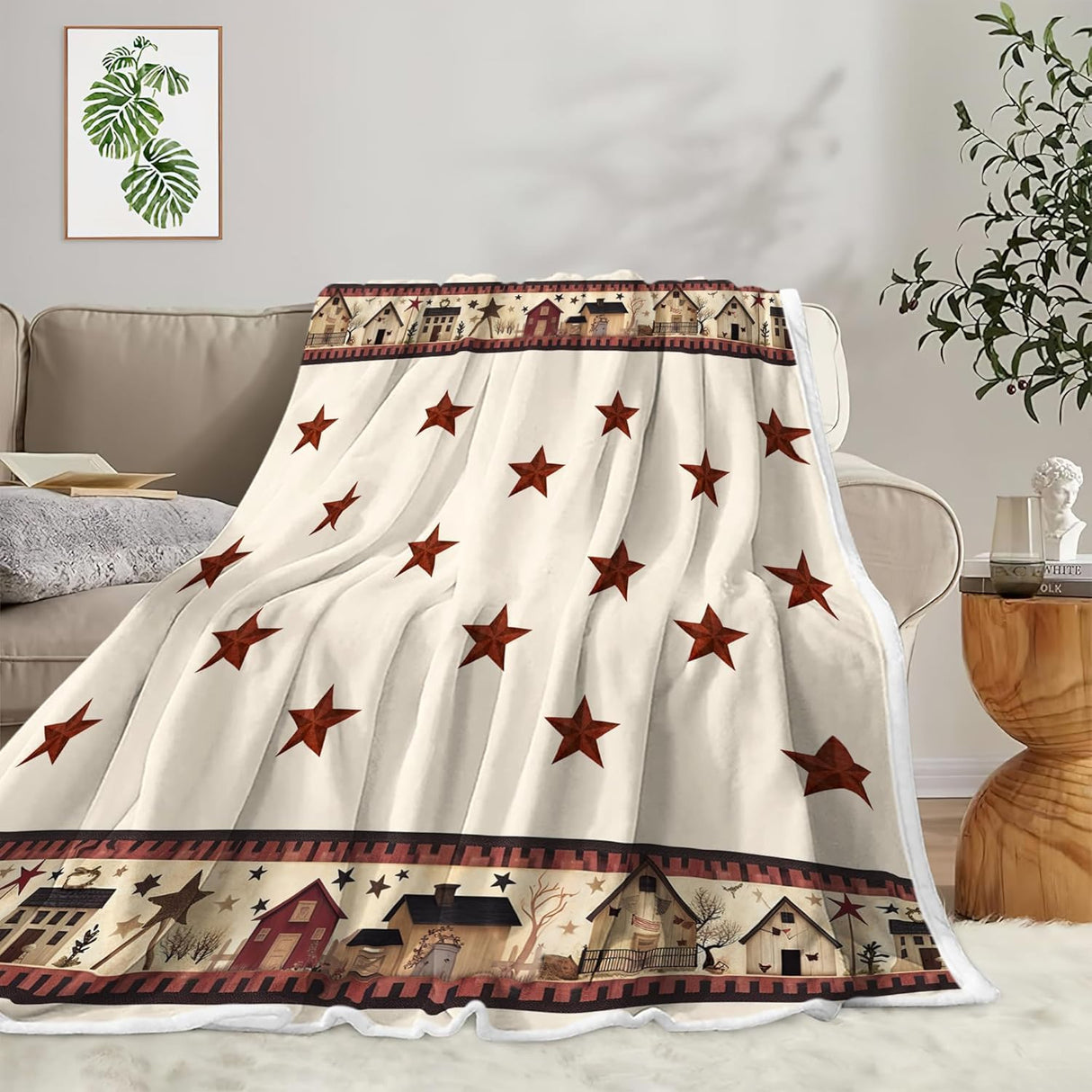 JAWO Rustic Country Throw Blankets, Primitive Barn Star Cozy Warm Bed Couch Blanket, Christmas Farmhouse Theme Fleece Flannel Throws to Decorate The Room and Bedroom 50X60IN JAWO
