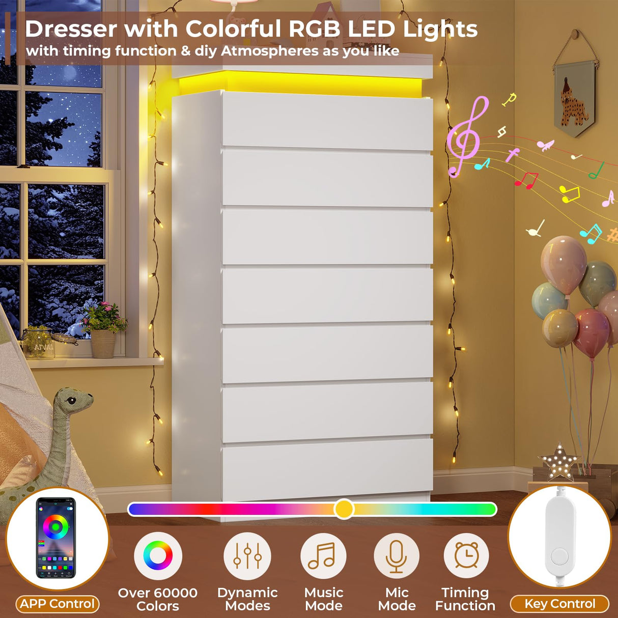HAUOMS Tall 7 Drawer Dresser with LED Light, White Modern Chest of Drawers for Bedroom,Closet Dressers with Drawers for Living Room, Entryway, Hallway HAUOMS