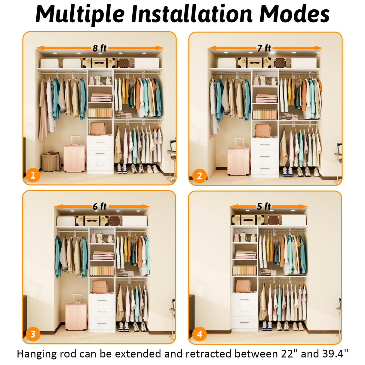 Sokiche Closet System with Drawers, 5FT-8FT Closet Organizer System with Shelves & Adjustable Hanging Rods, 96" Walk in Closet System Storage Wood, White Sokiche
