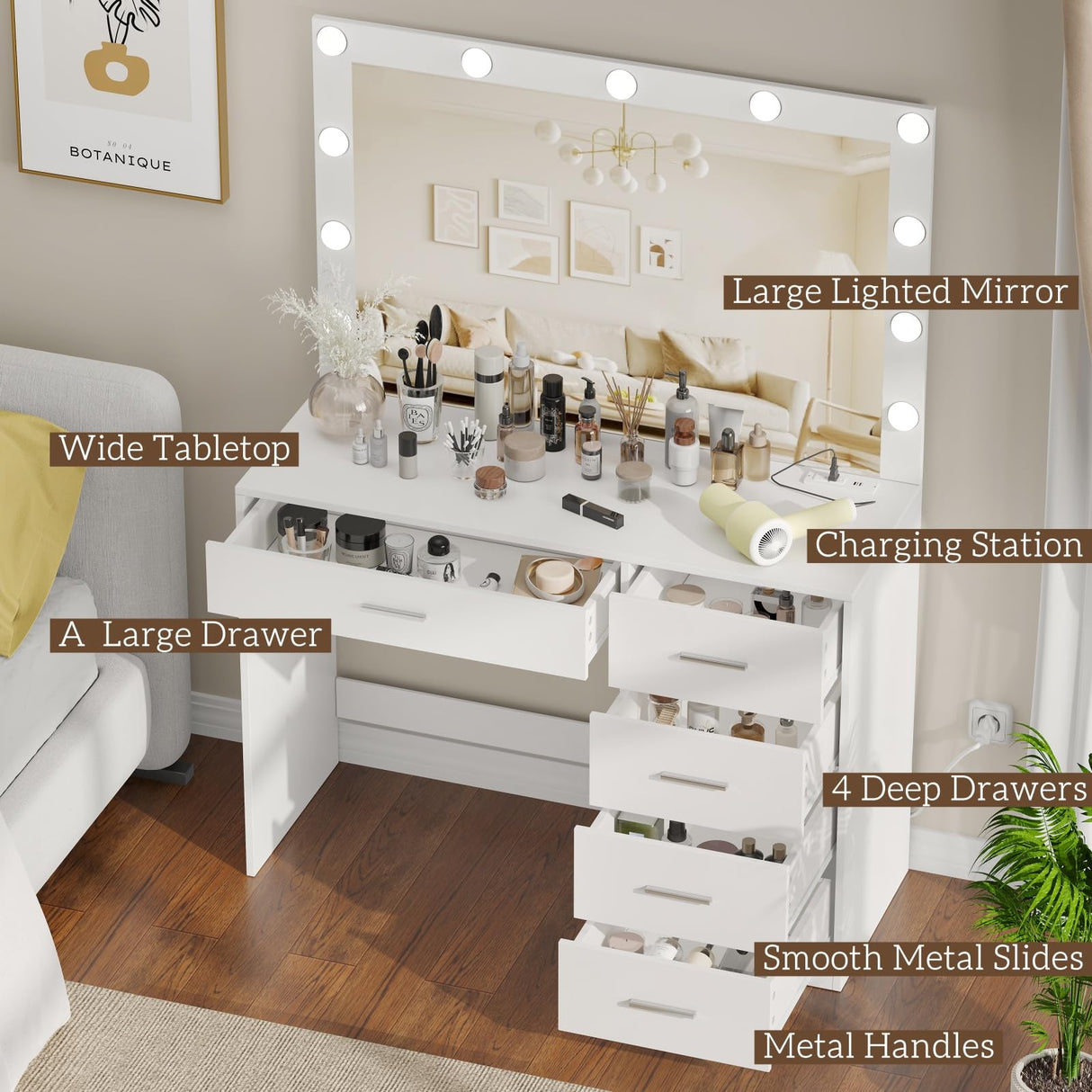 Irontar Vanity Desk with Charging Station, Makeup Table with Large Mirror, Makeup Vanity with Lights, Brightness Adjustable, Dressing Table Desk with 5 Drawers, Bedroom Vanity Table, White WDT010W Irontar