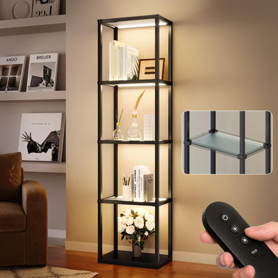 addlon Display Shelf with Dimmable LED Lighted Shelves, Display Cabinet with Remote,Shelf Floor Lamps for Living Room, Open Bookshelf with Color Changing Temps and Brightness, Home Decor, Black