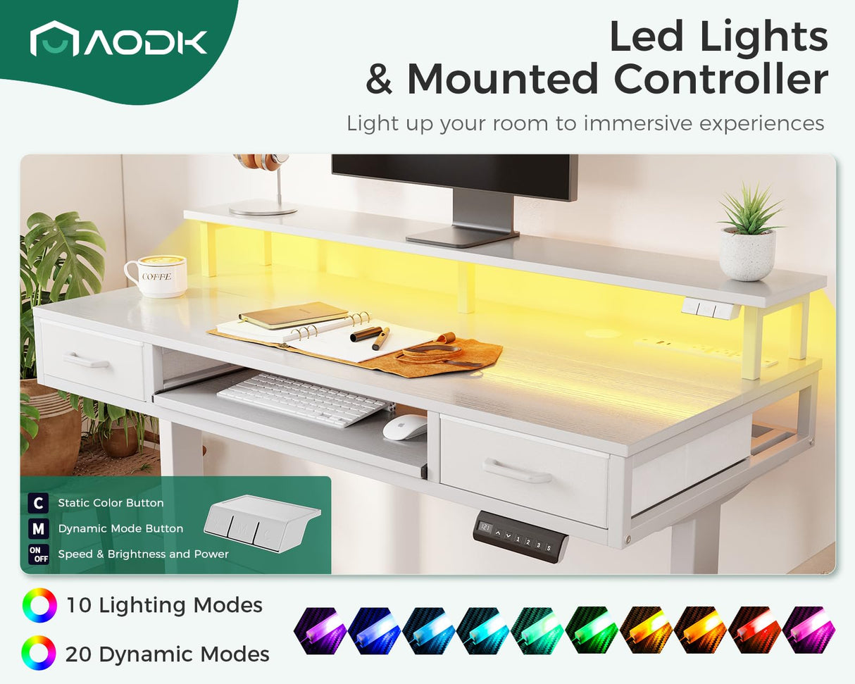 AODK White Standing Desk with 2 Drawers & Keyboard Tray and USB & LED Lights, Height Adjustable Desk 47 Inch with Power Outlets & LED Lights, Stand Up Desk with Monitor Shelf AODK