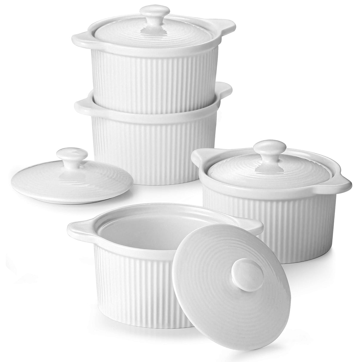 DOWAN 7 oz Ramekins with Lids Oven Safe, Creme Brulee Ramekins with Cover and Handle, Stackable Ceramic Bowls for Baking, Pudding, Dipping, Souffle Dish, Set of 4, White DOWAN