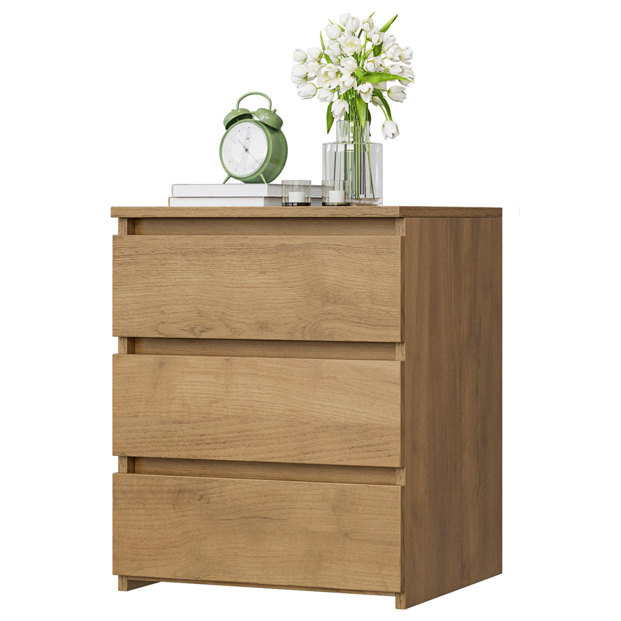FOTOSOK Nightstand with 3 Drawers, Wood Bedside Table Night Stand for Bedroom with Cut-Out Handle, Sofa Side Table 3 Drawer Nightstand for Bedroom, 17.7W*15D*21.7H, Natural Wooden Grain FOTOSOK
