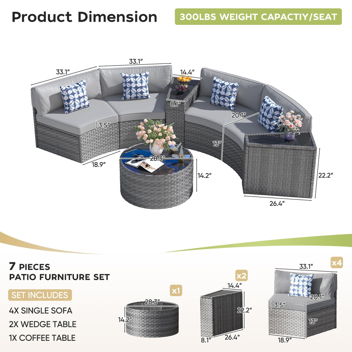 ABCASA Outdoor Patio Furniture Set with Coffee Table,7 Pieces Half-Moon Curved Outdoor Sectional Sofa and Side Table Waterproof Cover, Wicker Rattan Patio Coversation Set for Porch,Backyard,Pool(Grey) ABCASA