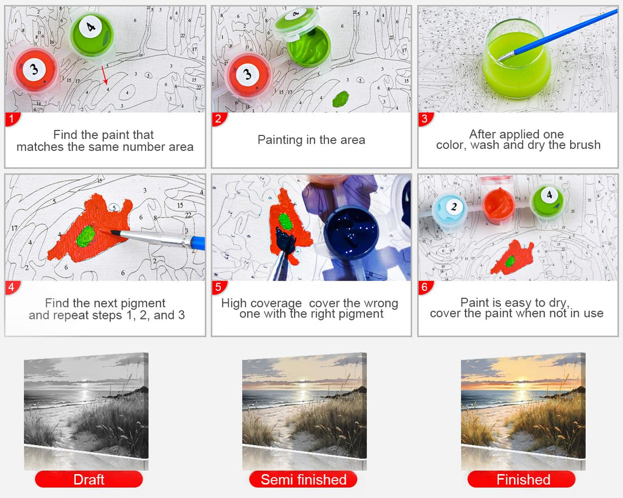 Rebotipy Paint by Number Kits for Adults Beginners, Easy Acrylic Simple Sunset on The Beach Adult Paint by Number Kits, DIY Dunes and Grass Paint by Numbers Kits for Home Wall Decor 16x20inch Rebotipy