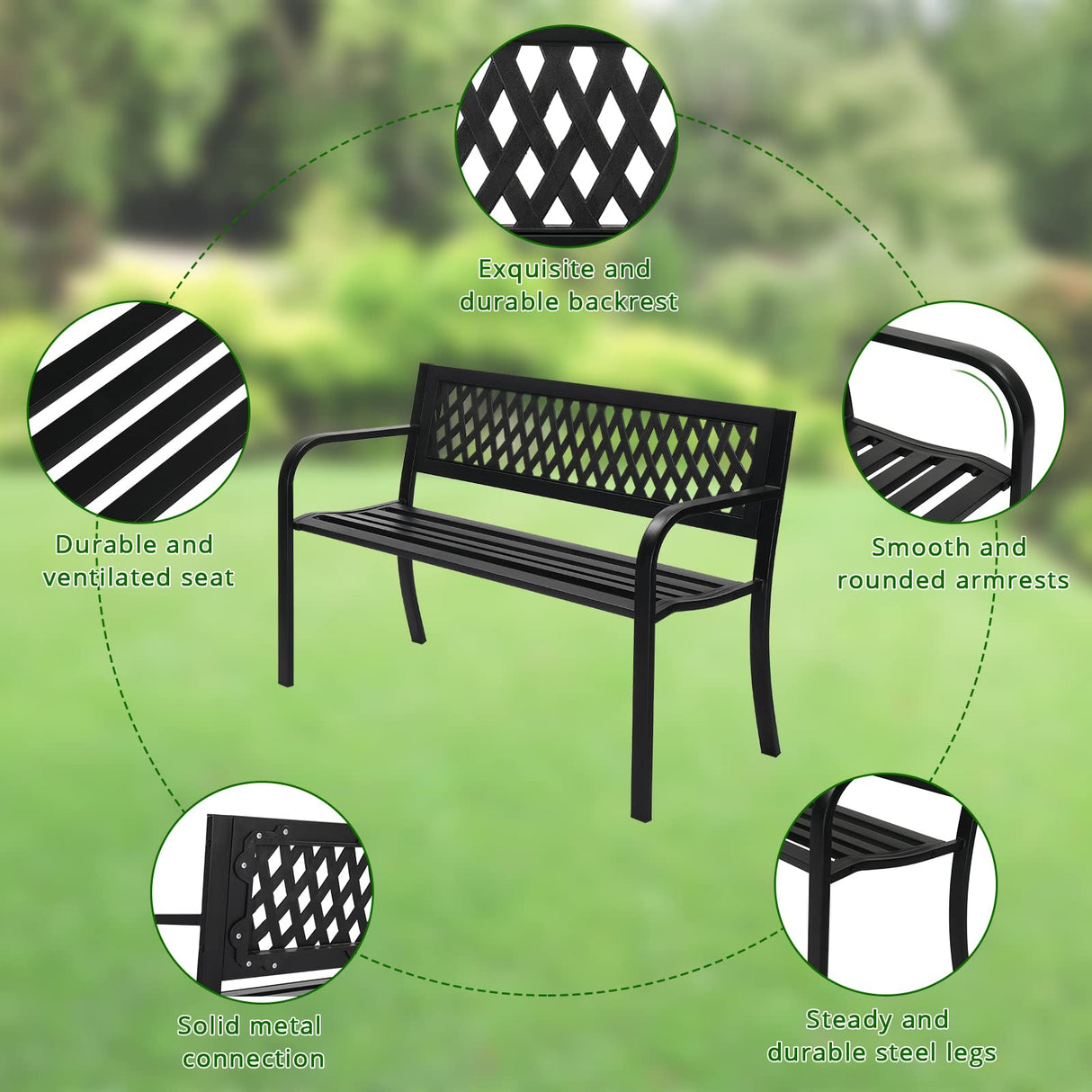 VINGLI Outdoor Bench Porch Bench Patio Metal Garden Bench w/PVC Back, Steel Black Outdoor Bench Park Bench for Yard Lawn Decor Deck Entryway VINGLI