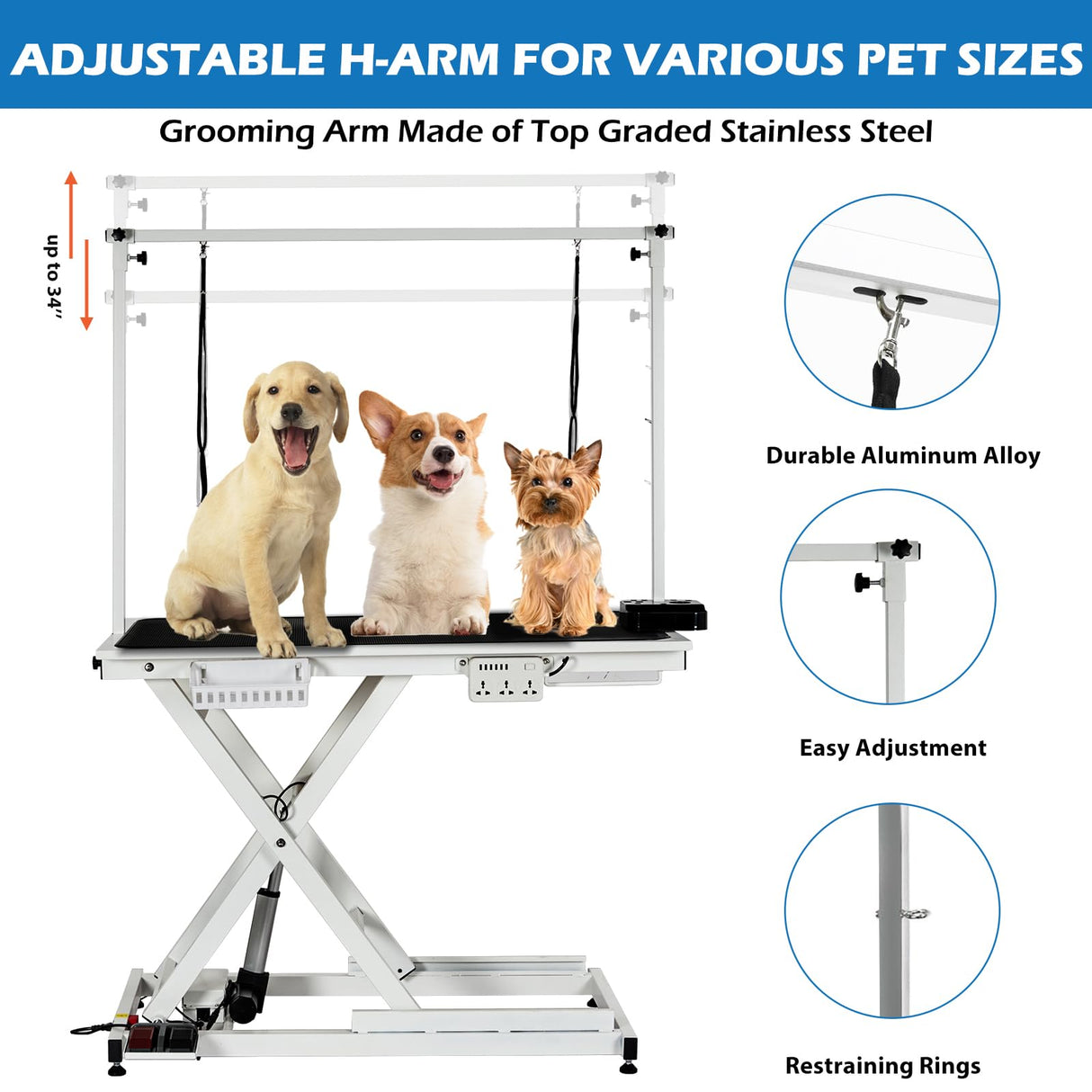 Professional Electric Dog Grooming Table Heavy Duty Pet Grooming Table Height Adjustable w/Leveling Wheels, Dog Grooming Arm, Anti Slip Tabletop &Tool Organizer, Dog Grooming Station 50" White GarveeLife