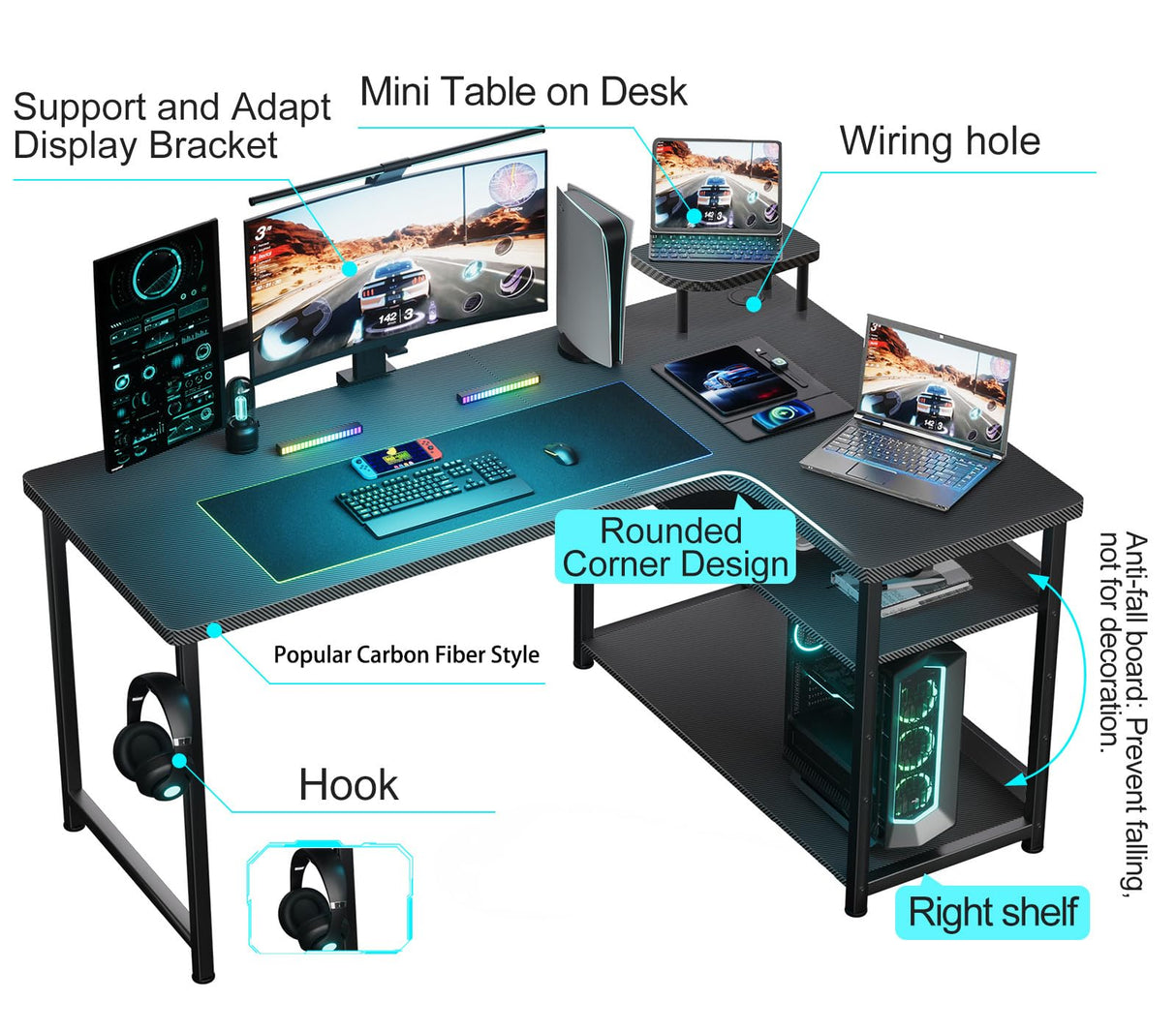 GTRACING L Shaped Gaming Desk, Carbon Fiber Style Computer Desk Compatible with Monitor Arm Storage Shelves Corner Desk Gaming Table for Home Office Desks Easy to Assemble Adjustable Shelf Height GTRACING