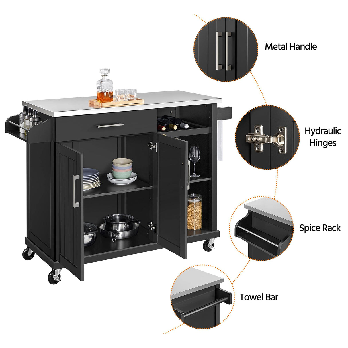 Yaheetech Kitchen Cart with Stainless Steel Top and Storage Cabinet, Kitchen Island on Wheels with Drawer & Open Shelves & Wine Rack & Spice Rack, 18" D x 51" W x 36" H, Black Yaheetech