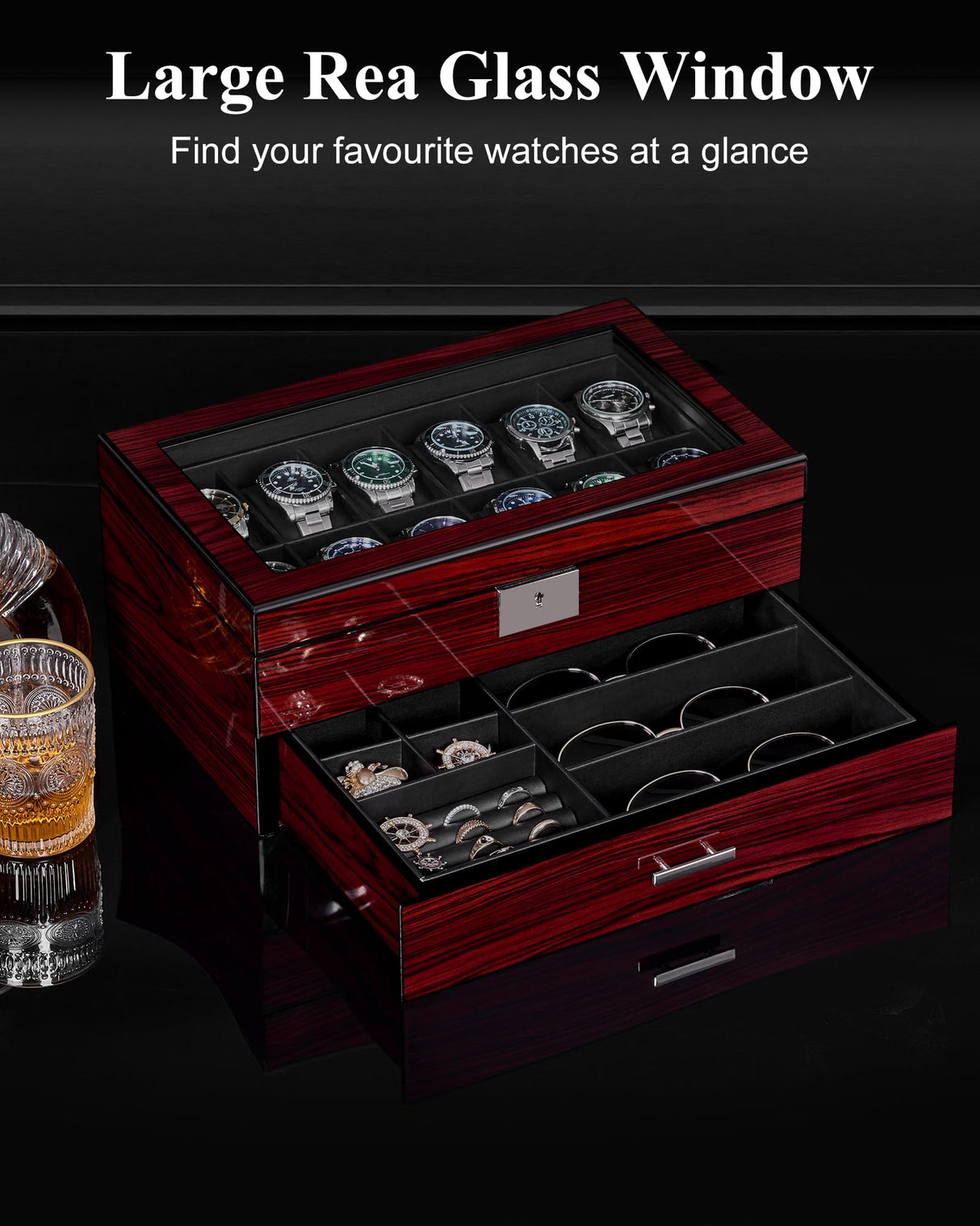 ANWBROAD Watch Box Storage Watch Cases for Men with Large Glass Lid 2-Tier Wood Watch Display Case Lockable Watch Organizer Giftable Luxurious Watch Holder for Women UJWB003Y ANWBROAD