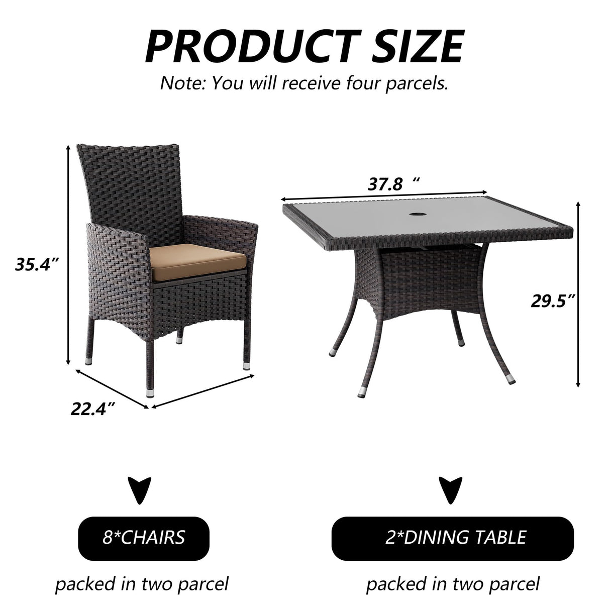 Kullavik 10-Piece Outdoor Dining Set Patio Rattan Furniture Set,Patio Dining Table and Chairs Set with 8 Chairs and Cushions,Square Glass Tabletop with Umbrella Hole for Patio,Backyard,Garden,Sand Kullavik