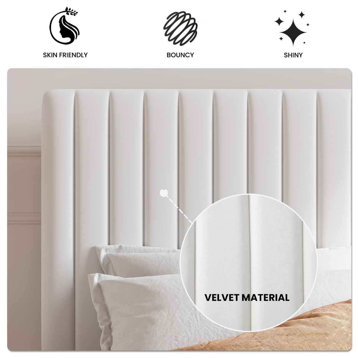 SHA CERLIN Full Upholstered Platform Bed Frame with Vertical Channel Tufted Velvet Fabric Adjustable Headboard, Wooden Slats Support, Mattress Foundation, Box Spring Optional, Off-White SHA CERLIN