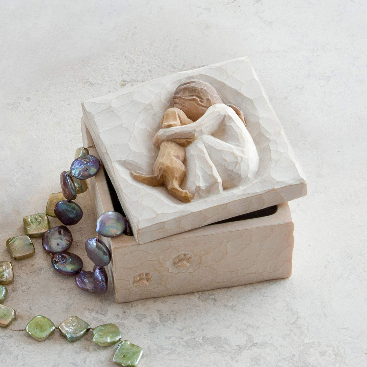 Willow Tree True, Truly a Friend, Box for Jewelry and Treasures with Bas-Relief Carving of Girl with Puppy Dog, Sculpted Hand-Painted Keepsake Box Willow Tree