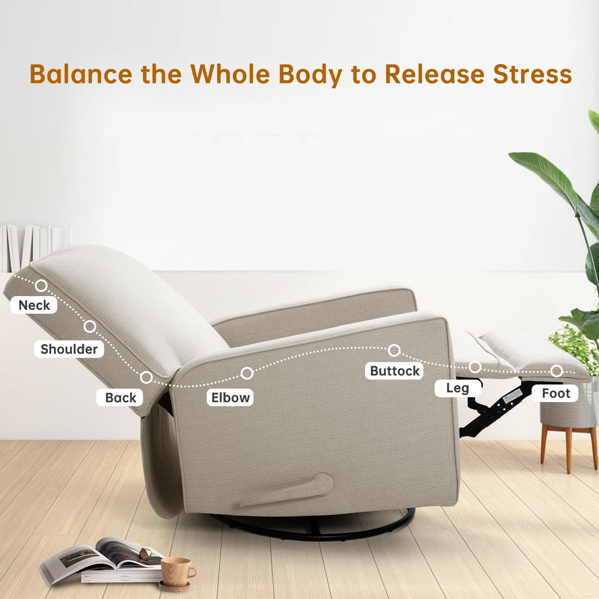 KeyEnergy Swivel Rocker Recliner Chair for Adults, High Back Fabric Recliner with Deep Seat, Manual Glider for Living Room & Nursery, Beige KeyEnergy