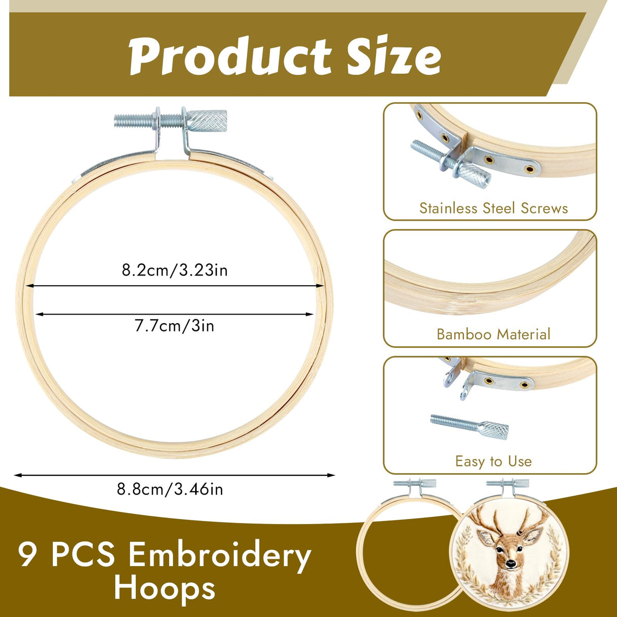 PEASUG 9 Pieces Embroidery Hoop, 3 Inch Small Wood Embroidery Hoops Frames, Bamboo Circle Cross Stitch Hoop Ring for Embroidery Art Craft Sewing PEASUG