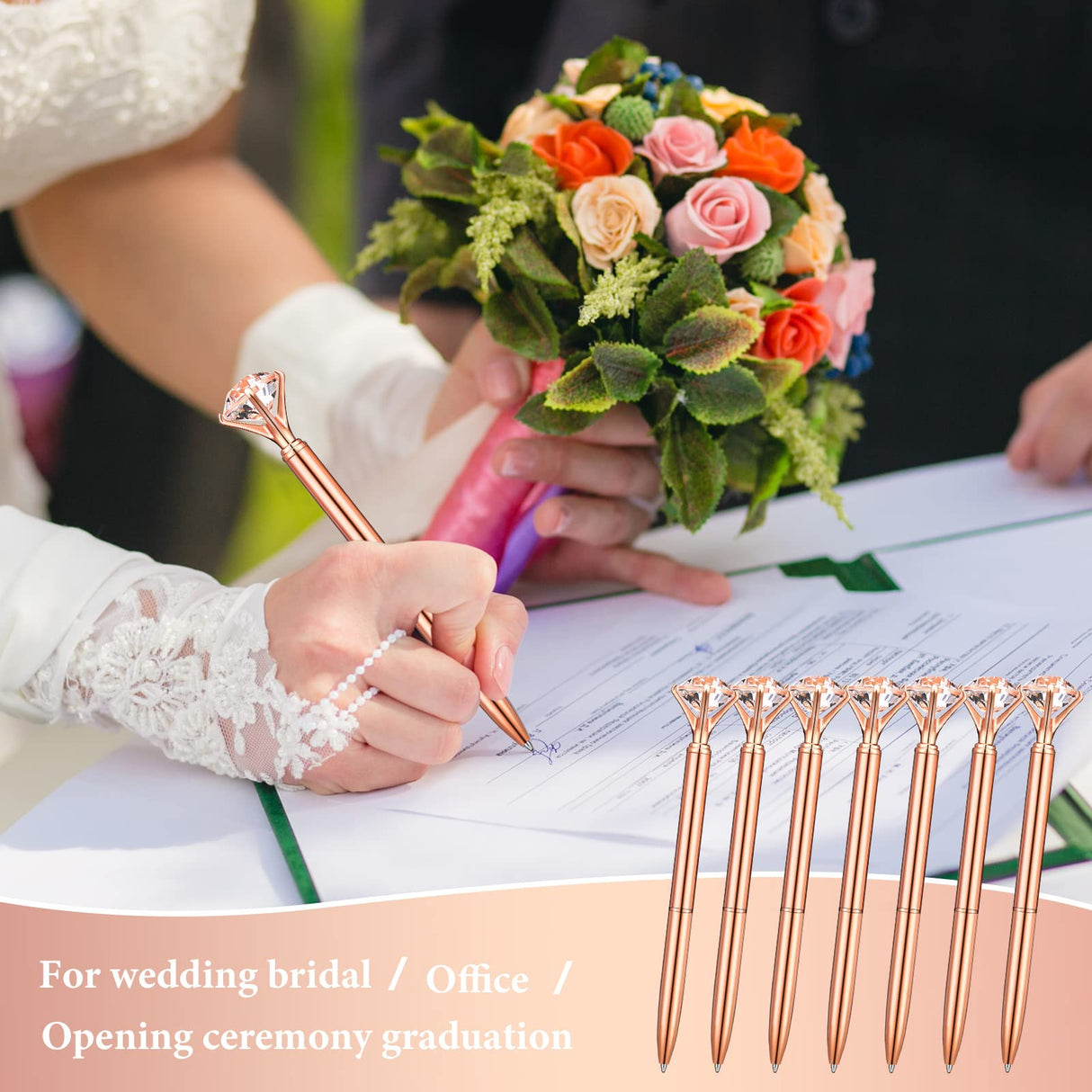 Yahenda 50 Pcs Diamond Pens Bridal Shower Ballpoint Pen Black Ink Bling Pens Crystal Metal Pens Bling Pen with Diamond on Top for Women Bridesmaid Wedding Office School(Rose Gold) Yahenda