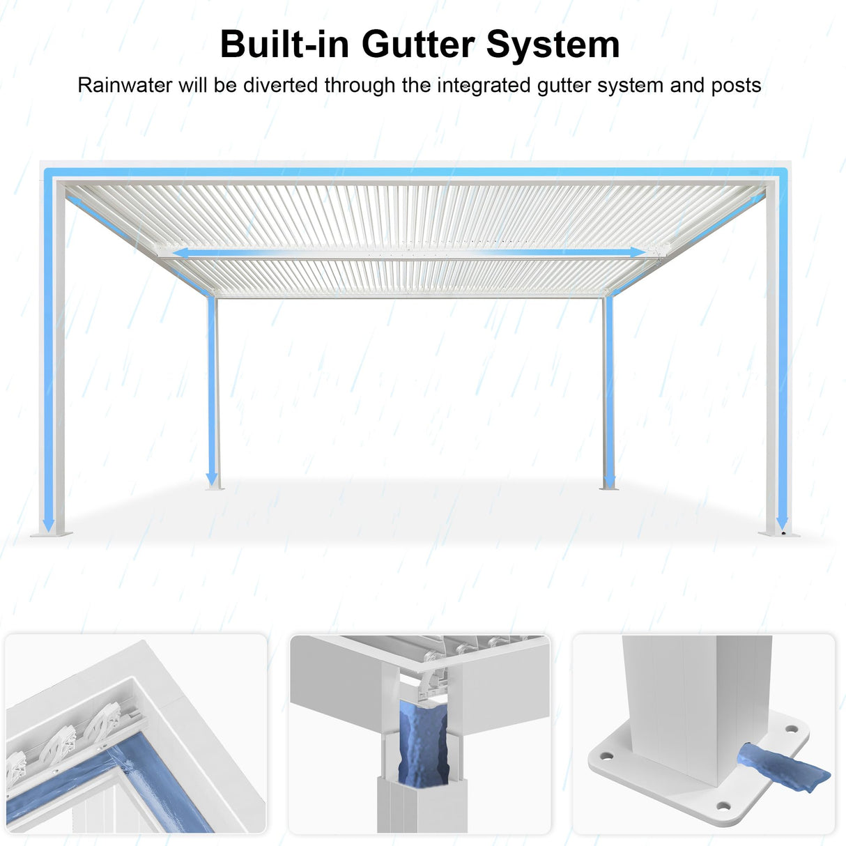 PURPLE LEAF Louvered Pergola 12' x 16' Outdoor White Aluminum Pergola with Fixed Shutter Wall Adjustable Roof Gazebo for Patio Backyard, 1 Long Side and 1 Short Side PURPLE LEAF
