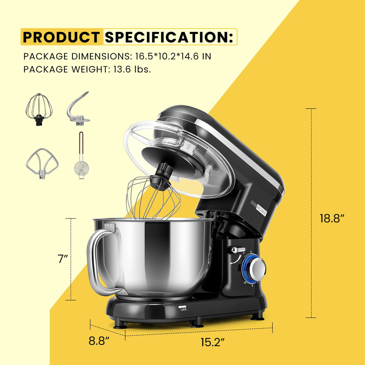 VIVOHOME Stand Mixer, 660W 10 Speed 6 Quart Tilt-Head Kitchen Electric Food Mixer with Beater, Dough Hook, Wire Whip and Egg Separator, Black VIVOHOME