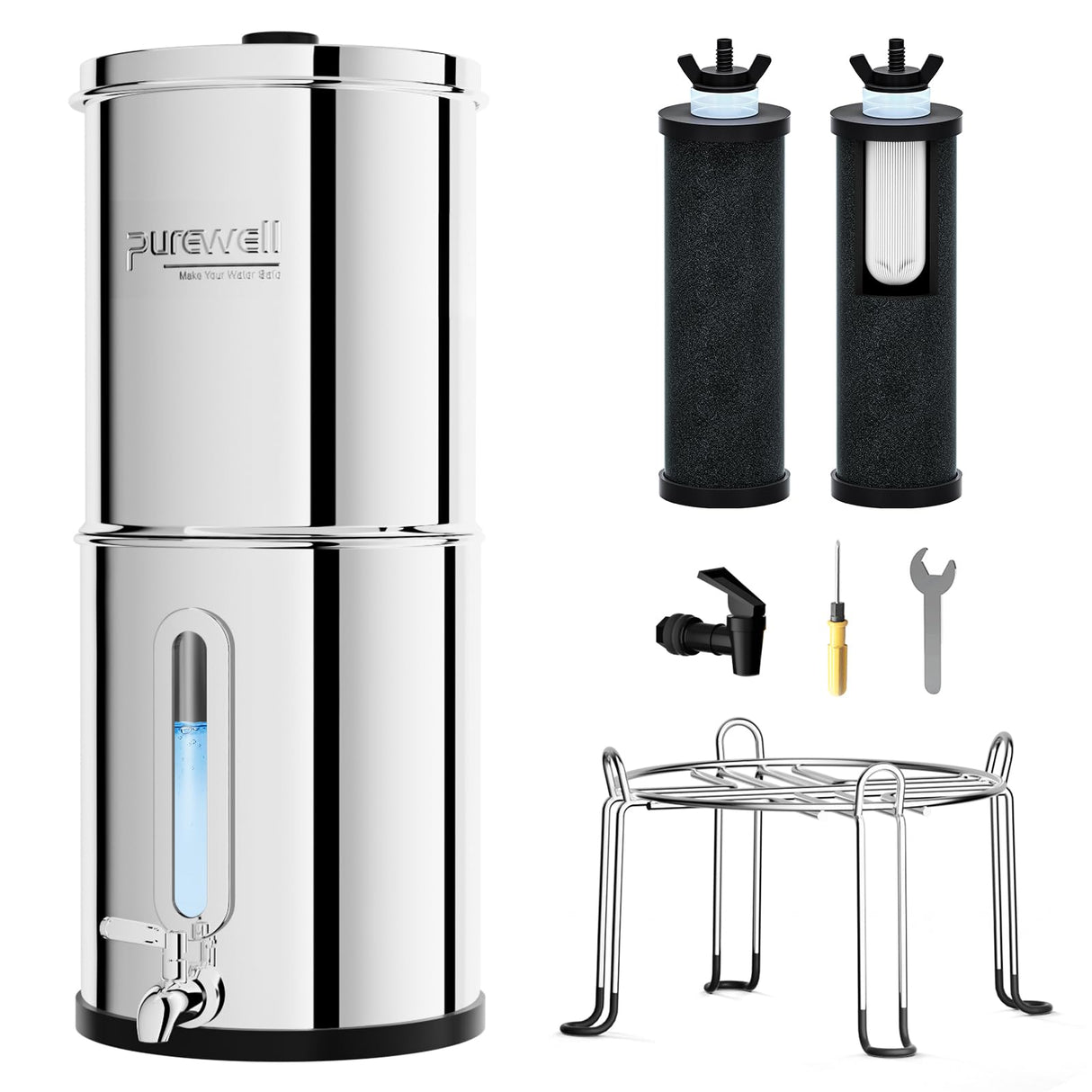 Purewell 2.25G Gravity Water Filter System with Water Level Window, 3-Stage 0.01μm Ultra-Filtration Stainless Steel Countertop System with 2 Filters and Stand, Reduce 99% Chlorine, PW-KS Purewell