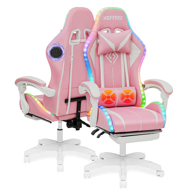 HOFFREE Pink Gaming Chair with Bluetooth Speakers and LED RGB Lights Cute Ergonomic Massage Computer Gaming Chair with Footrest High Back Video Game Chair with Lumbar Support Pink and White