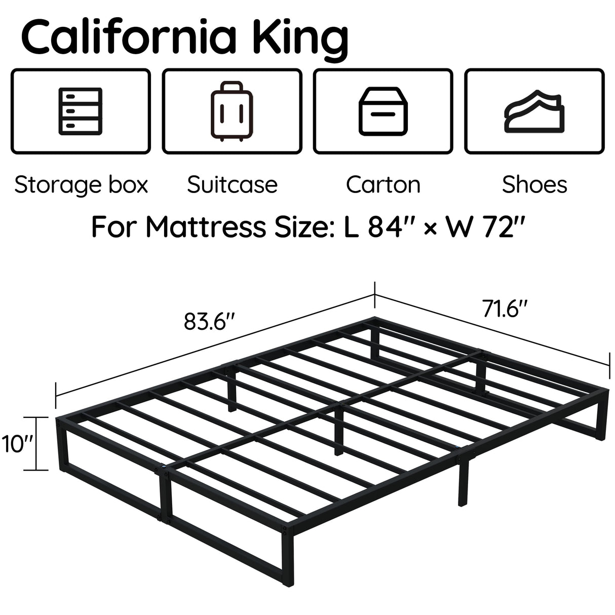 Richwanone 10 Inch Cal King Bed Frame Heavy Duty Metal Platform Mattress Foundation with Steel Slat Support, No Box Spring Needed, Easy Assembly, Black Richwanone