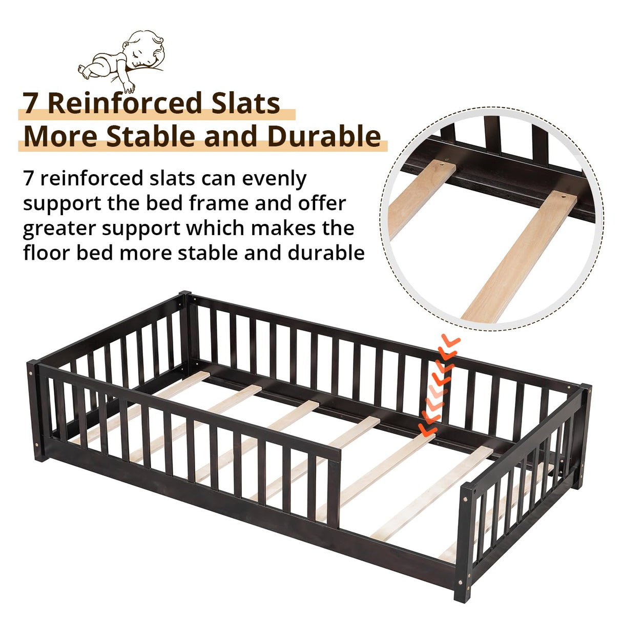 LLS Twin Floor Bed for Children, Durable Montessori Floor Bed with Sturdy Slats and Safety Fence, Solid Wood Floor Bed Frame for Girls Boys and Teens, Espresso (Without Door) LLS